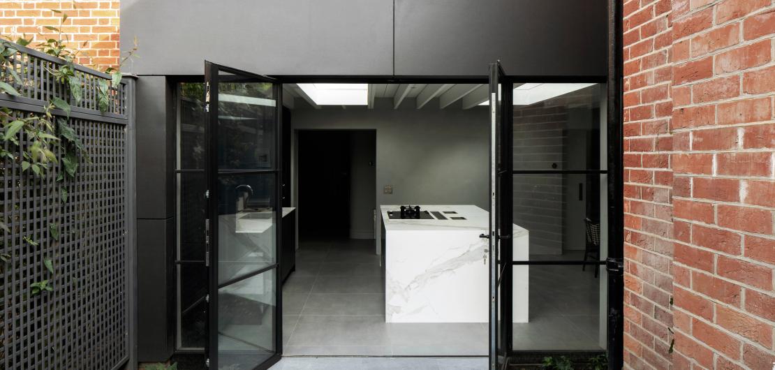 Steel patio doors on single storey kitchen extension