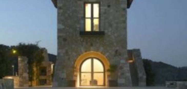 Steel framed arch doorway above a pool
