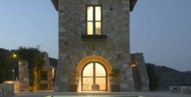 Steel framed arch doorway above a pool